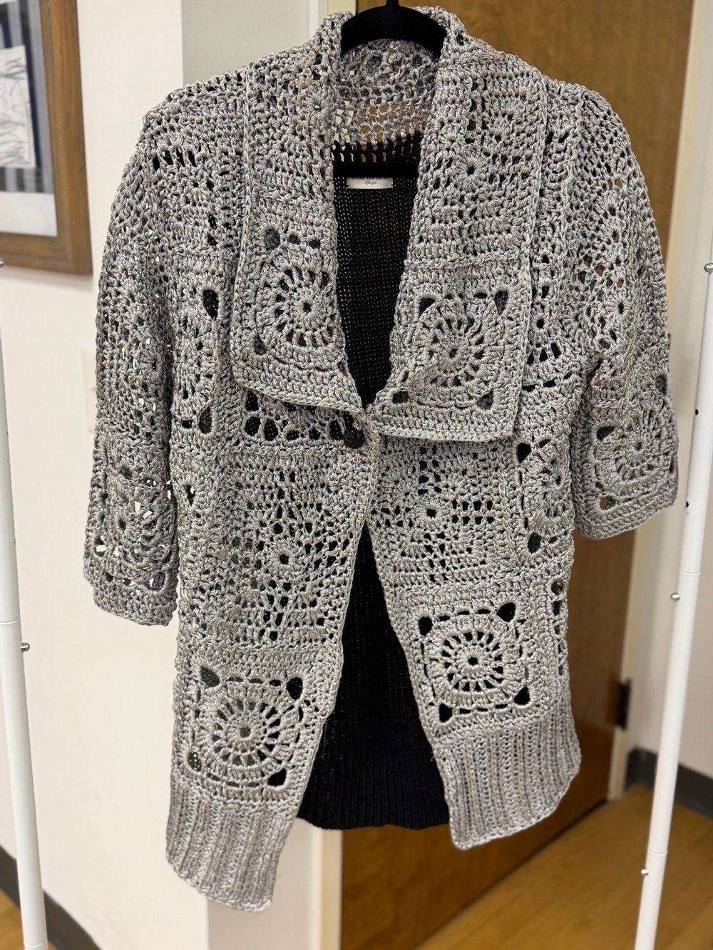 DRIES VAN NOTEN Metallic Silver & Black Crochet Heavy Knit Cardigan Sz Large EUC